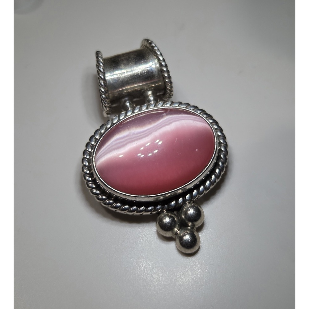Vintage Sterling Silver Large Pink Chrysoberyl Cat's Eye Cabochon Pendant